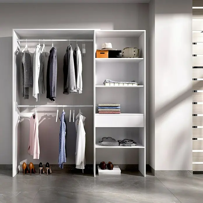 Dekit Armario para ropa Suit - L x An x Al: 40 x 160 x 187 cm, Blanco, Melamina - Elegante armario blanco con barras para ropa, estantes y cajones. Ideal para organizar tu ropa y accesorios.