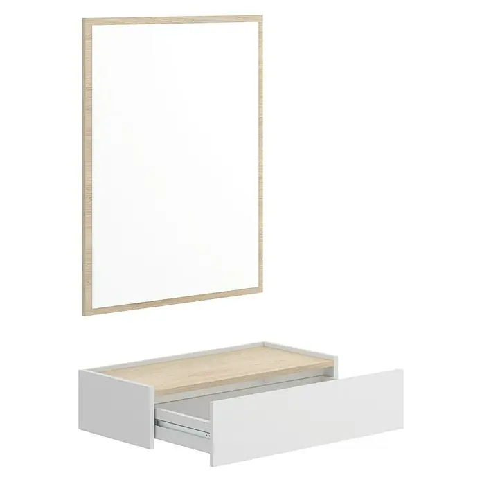 Dekit Mueble para recibidor Ott - Natural/Blanco, Espejo - Un mueble moderno con espejo y cajón en acabados blanco y madera. Diseño práctico para baños u otros espacios.