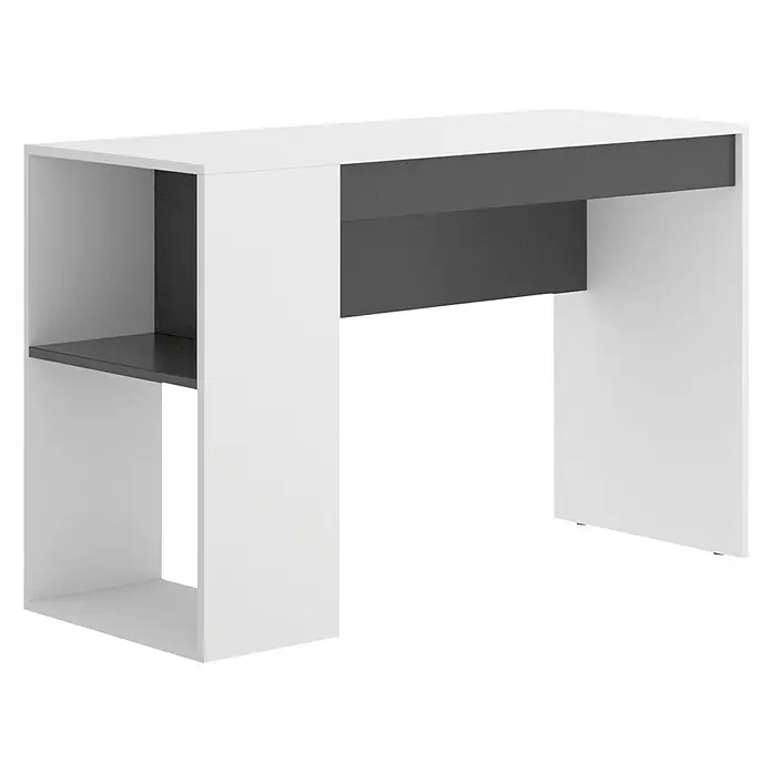 Dekit Mesa de escritorio Teo - L x An x Al: 50 x 115 x 74 cm, Blanco/Grafito - Escritorio blanco y gris con estantes de almacenamiento, ideal para una oficina o estudio. Un diseño moderno para mayor eficiencia.