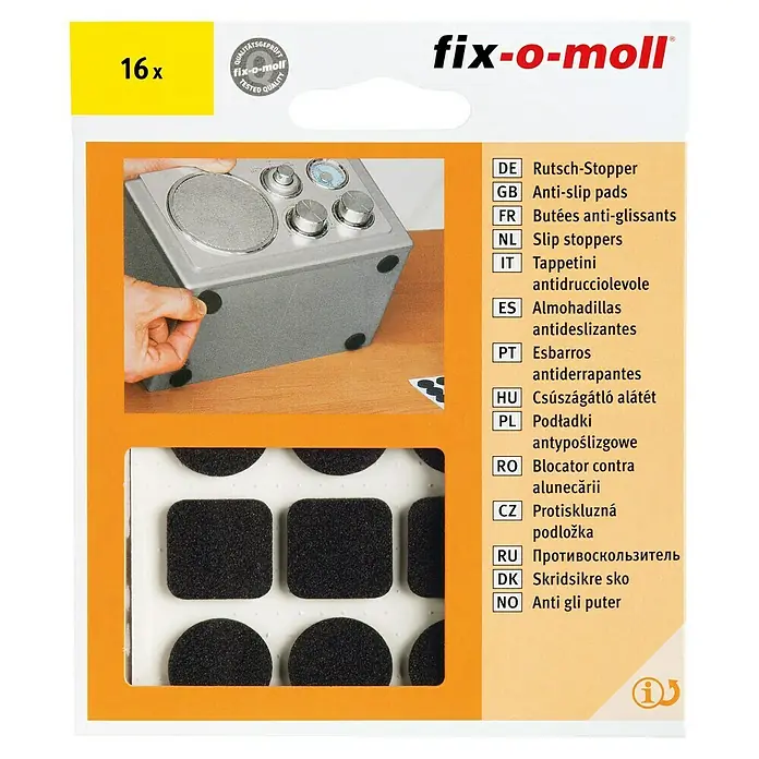 Fix-o-moll Patín antideslizante para alfombras - L x An: 20 x 20 mm, Negro, 16 ud. - Imagen de las almohadillas antideslizantes "fix-o-moll", diseñadas para evitar que los muebles y otros objetos se deslicen, garantizando la estabilidad.