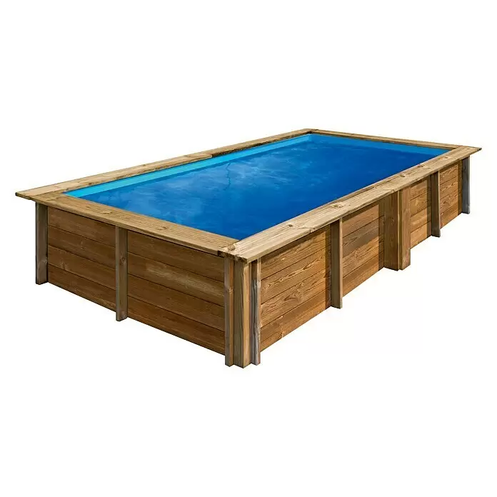 Gre Piscina de madera Lemon - L x An x Al: 375 x 200 x 68 cm, Natural, 3.700 l - Piscina elevada rectangular de madera con revestimiento azul, llena de agua, lista para uso exterior.