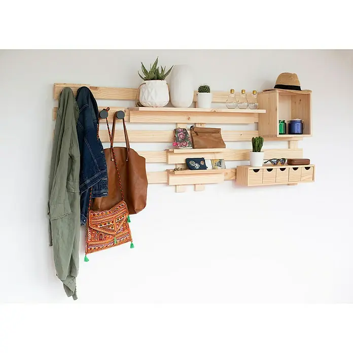 Astigarraga Adapter BTADAP.99 - L x B x H: 20 x 9,5 x 5 cm, Kiefernholz - Wandorganizer aus Holz mit Fächern, Haken und Ablagen für Accessoires und Kleidungsstücke zur Wandmontage.