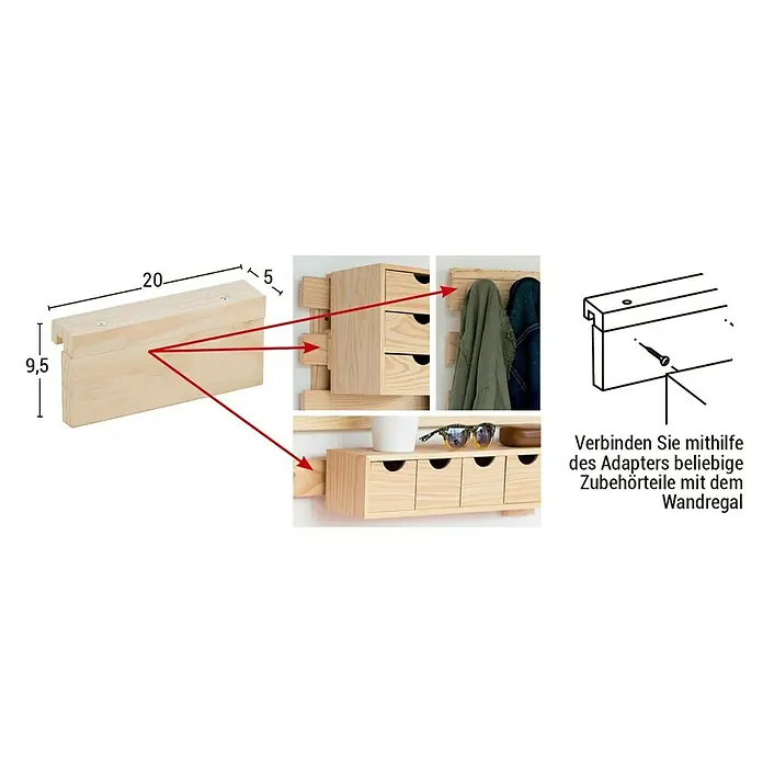 Astigarraga Adapter BTADAP.99 - L x B x H: 20 x 9,5 x 5 cm, Kiefernholz - Abbildung eines Holzadapters zur Verbindung von Zubehörteilen mit einem Wandregal.