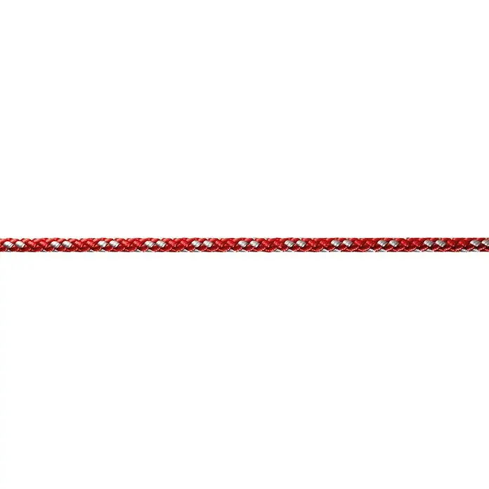 Robline Leine Meterware 8-Plaited-Dinghy - 4 mm, Rot/Silber, Polyester - Rotes und silbernes Kletterseil im Detail, robust und sicher für Outdoor-Abenteuer und anspruchsvolle Bergsteigungen.