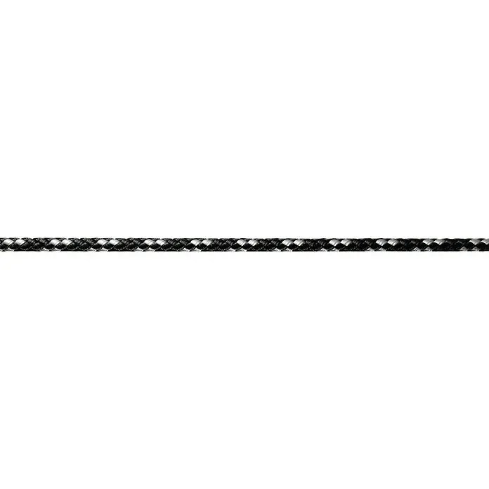 Robline Cuerda multiusos por metros 8-Plaited-Dinghy - Diámetro: 5 mm, Poliéster, Negro/Plateado - Primer plano de una cuerda trenzada negra y plateada, que destaca la textura y el patrón del material resistente.