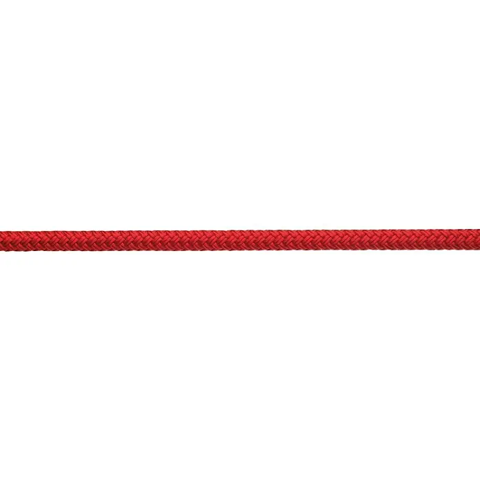 Robline Cuerda multiusos por metros Orion 500 - Diámetro: 8 mm, Poliéster, Rojo - Cuerda trenzada roja sobre fondo negro. Primer plano de una cuerda resistente, tipo textil, para diversas aplicaciones.