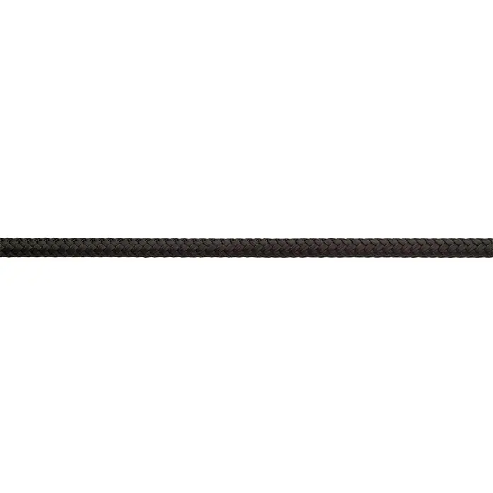 Robline Cuerda multiusos por metros Orion 500 - Diámetro: 6 mm, Poliéster, Negro - Primer plano de un cordón trenzado negro que atraviesa horizontalmente el marco, destacando detalles de textura sutiles, ideal para proyectos de diseño.