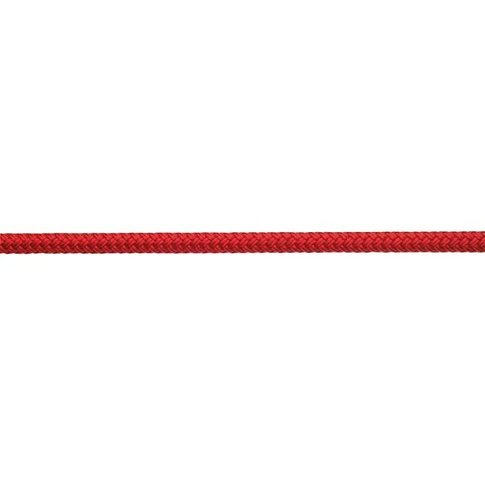 Robline Cuerda multiusos por metros Orion 500 - Diámetro: 6 mm, Poliéster, Rojo - Primer plano de una cuerda trenzada roja que se extiende horizontalmente sobre un fondo negro.