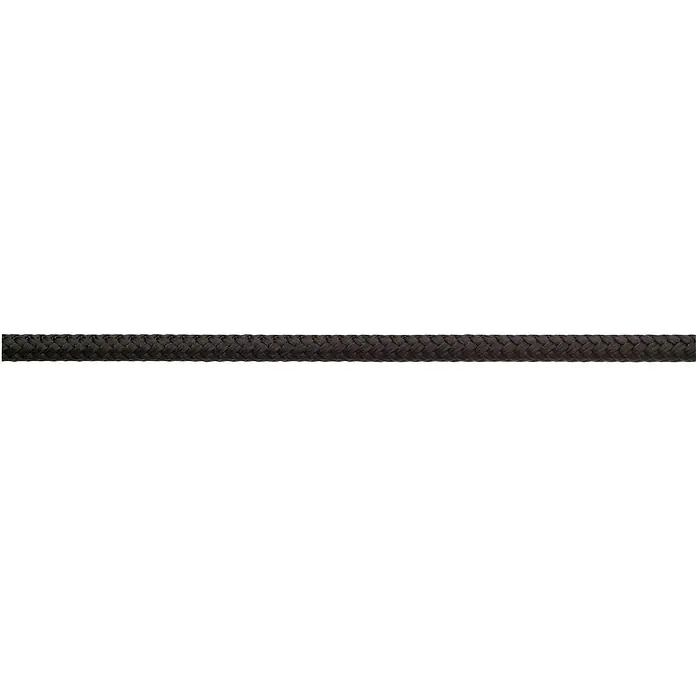 Robline Cuerda multiusos por metros Orion 500 - Diámetro: 4 mm, Poliéster, Negro - Primer plano de una cuerda trenzada negra. La robusta cuerda se muestra con gran detalle sobre un fondo oscuro.