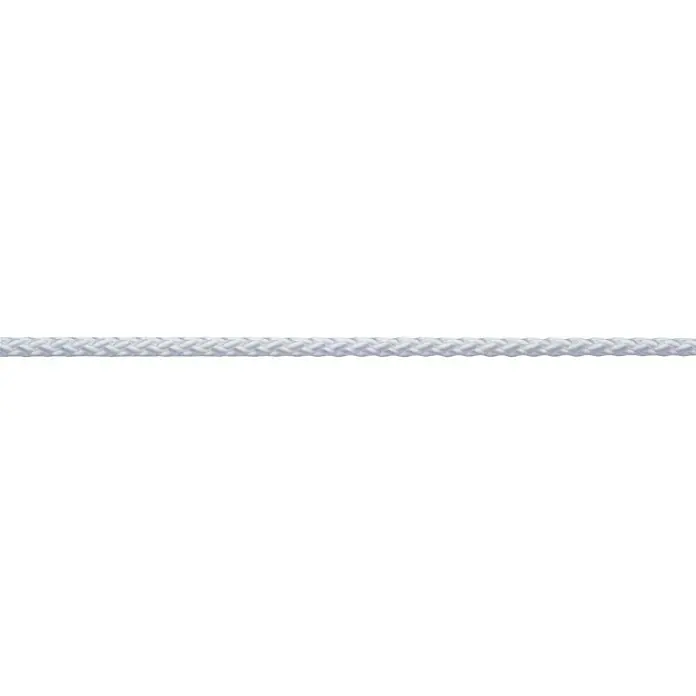 Robline Cuerda multiusos por metros - Diámetro: 10 mm, Poliéster, Blanco - Primer plano de una sola cuerda blanca lisa estirada horizontalmente sobre un fondo negro.