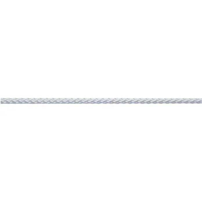 Robline Cuerda multiusos por metros - Diámetro: 5 mm, Poliéster, Blanco - Primer plano de una cuerda blanca trenzada sobre un fondo negro. Ideal para manualidades o como elemento de sujeción resistente.