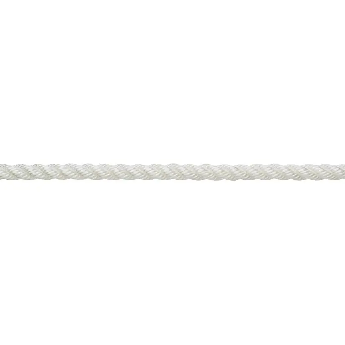 Robline Festmacherleine Meterware Rapallo - 12 mm, Polyester, Weiß - Ein horizontales Bild von weißem, gedrehtem Seil auf schwarzem Hintergrund. Ideal zum Abgrenzen oder als dekoratives Element.