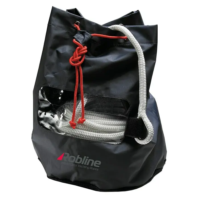 Robline Cuerda de amarre Poseidon - Ø x L: 12 mm x 50 m, Poliéster, Blanco - Una bolsa de lona negra de Robline con cordón rojo y ventana transparente, llena de cuerda de vela blanca.