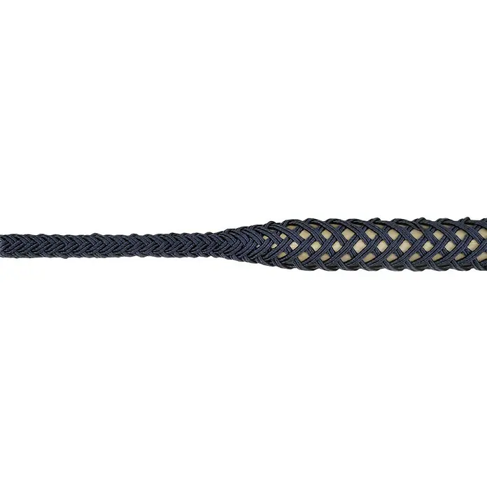 Robline Cuerda de amarre Miami - Ø x L: 16 mm x 6 m, Poliéster, Azul navy - Primer plano de una cuerda trenzada azul marino con un núcleo beige, que se estrecha de izquierda a derecha.