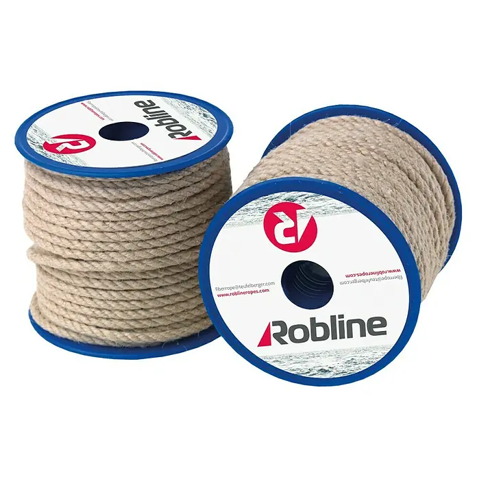 Robline Leine Classic Texecru - Länge: 15 m, Zugkraft: 120 daN - Zwei Rollen Robline-Hanfseil, ideal für nautische Anwendungen und Dekorationen, mit blauem Rand.