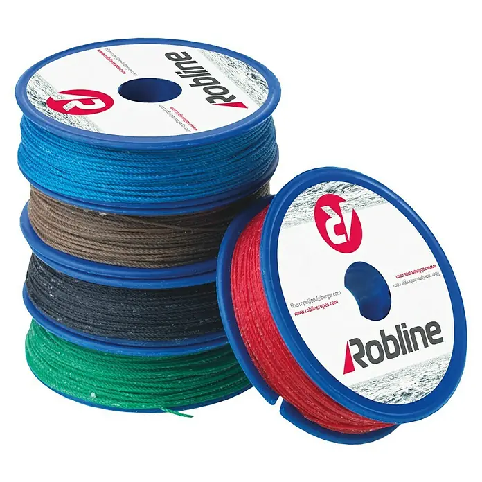 Robline Takelgarn - Ø x L: 0,8 mm x 80 m, Farbig sortiert - Robline Seile in verschiedenen Farben gestapelt und präsentiert.