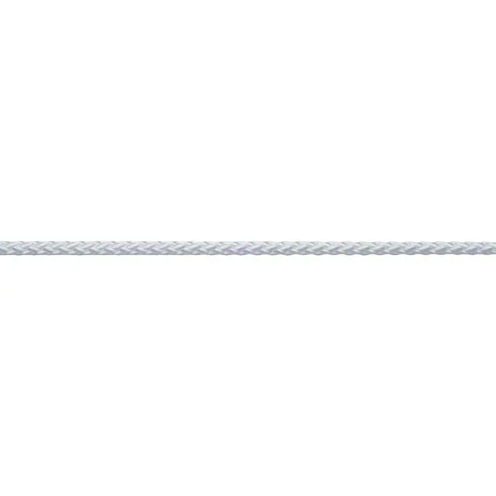 Robline Cuerda multiusos por metros - Diámetro: 1 mm, Poliéster, Blanco - Primer plano de una cuerda de nailon blanca trenzada sobre un fondo negro. La cuerda está horizontal y es claramente visible.