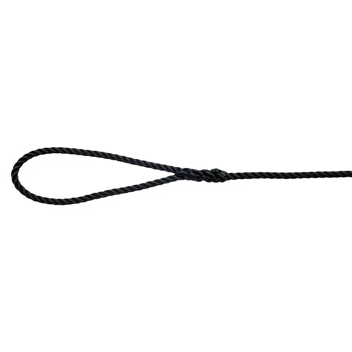 Robline Festmacherleine Rapallo - 12 mm, 10 m, Navy-Blau, Polyester - Nahaufnahme eines schwarzen Seils mit Schlaufe an einem Ende, das Detail und Stärke betont.