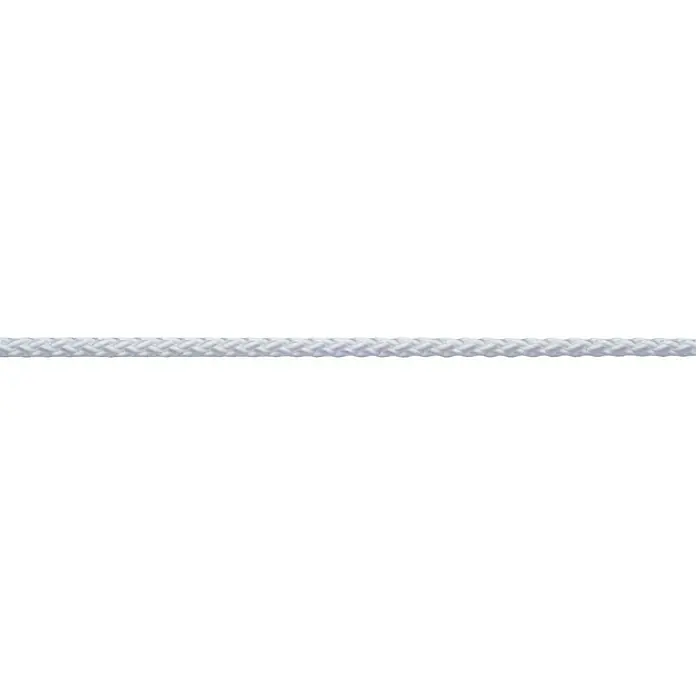 Robline Cuerda multiusos por metros - Diámetro: 3 mm, Poliéster, Blanco - Una cuerda blanca trenzada centrada contra un fondo oscuro. La cuerda parece fuerte y bien hecha.