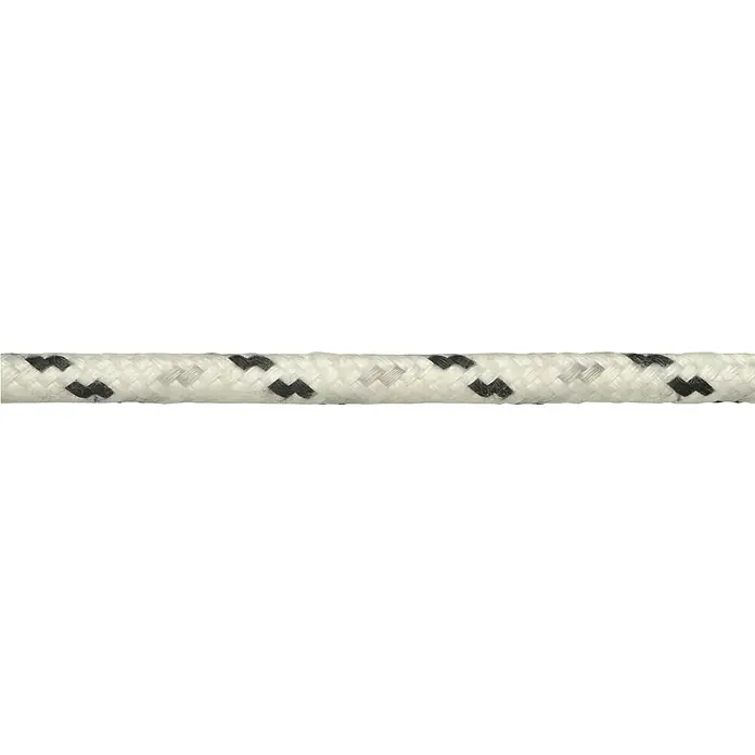Robline Cabo a metros Neptun 500 - Diámetro: 6 mm, Poliéster, Blanco/Negro/Gris - Primer plano de una cuerda trenzada resistente en blanco con detalles negros, ideal para diversas aplicaciones que requieren un agarre seguro.