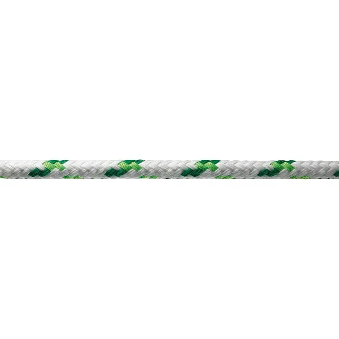 Robline Schot Meterware Neptun 500 - 8 mm, Weiß/Neonorange/Grün, Polyester - Detailaufnahme eines robusten, geflochtenen Seils in Weiß und Grün, ideal für vielseitige Anwendungen im Freien.
