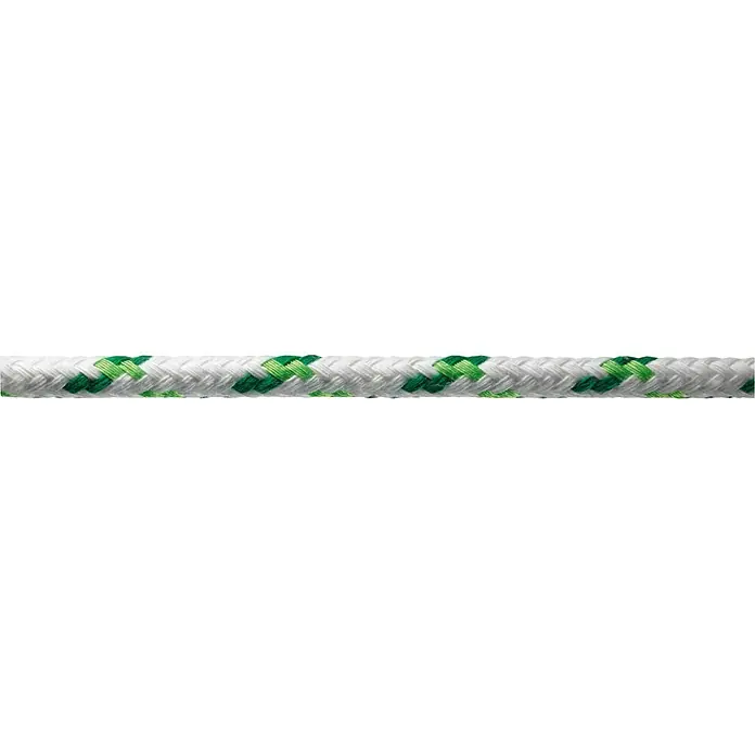 Robline Cabo a metros Neptun 500 - Diámetro: 12 mm, Poliéster, Blanco/Naranja neón/Verde - Primer plano de una cuerda robusta en tonos blancos y verdes, ideal para actividades al aire libre y aventuras. ¡Alta calidad y resistencia!