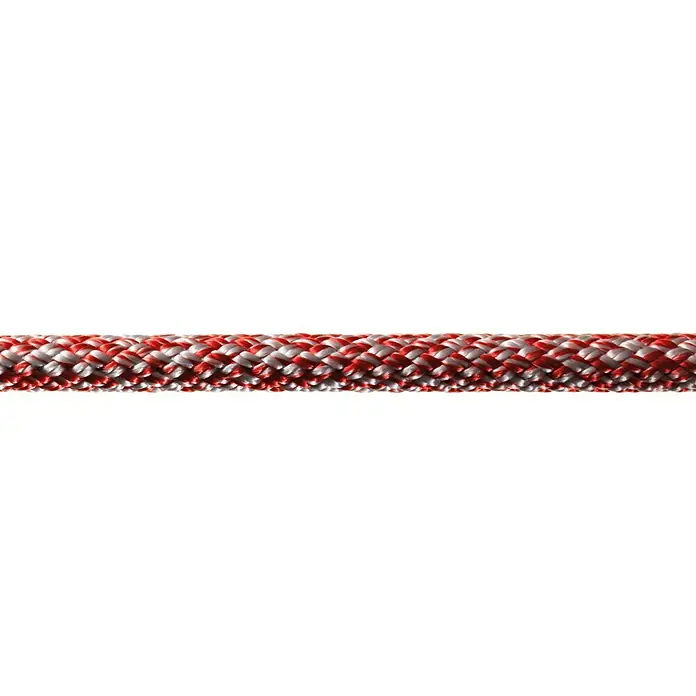 Robline Cuerda multiusos por metros Sirius 500 - Diámetro: 10 mm, Poliéster, Rojo/Plateado - Primer plano de una cuerda de escalada roja y blanca. Ideal para escalar y asegurar en aventuras al aire libre. Robusta y fiable.