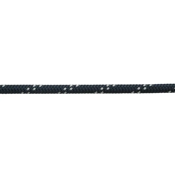Robline Schot Meterware Globe 5000 MK2 - Durchmesser: 8 mm, Navy-Blau/Silber, Polyester - Detailaufnahme eines dunkelblauen, geflochtenen Seils mit weißen Akzenten, ideal für nautische Anwendungen und robuste Befestigungen.