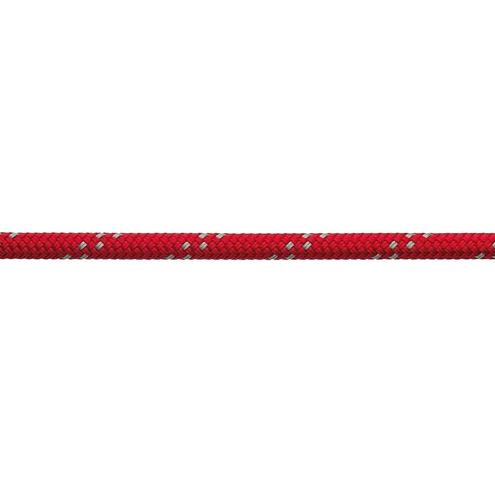 Robline Schot Meterware Globe 5000 MK2 - Durchmesser: 10 mm, Rot/Silber, Polyester - Nahaufnahme eines roten Seils mit reflektierenden grauen Markierungen, ideal für Outdoor-Aktivitäten und als Sicherheitsausrüstung.