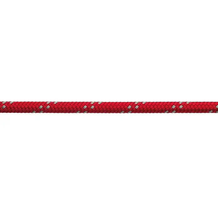 Robline Schot Meterware Globe 5000 MK2 - Durchmesser: 8 mm, Rot/Silber, Polyester - Nahaufnahme eines robusten, roten Seils mit grauen Akzenten, ideal für vielfältige Anwendungen im Outdoor-Bereich.
