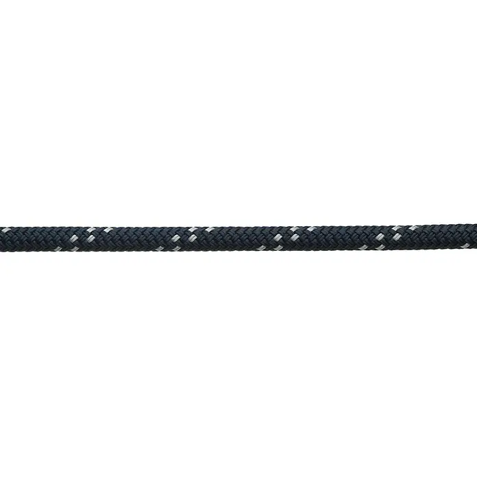 Robline Schot Meterware Globe 5000 MK2 - Durchmesser: 10 mm, Navy-Blau/Silber, Polyester - Nahaufnahme eines dunkelblauen Seils mit weißen Akzenten, das seine robuste Konstruktion und hochwertige Verarbeitung zeigt.