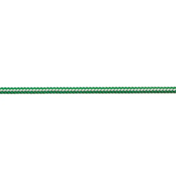 Robline Leine Meterware Dinghy Control - 4 mm, Weiß/Grün, Polyester - Detailaufnahme eines Seils in Grün und Weiß. Das Seil ist geflochten und liegt horizontal vor einem weißen Hintergrund.