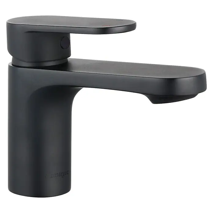 Camargue Waschtischarmatur Malaga - Schwarz, Matt - Nahaufnahme eines eleganten, mattschwarzen Camargue Waschtischmischers mit minimalistischem Design und flachem Auslauf.