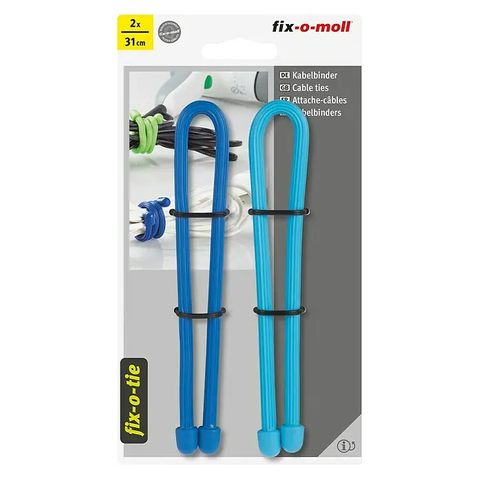 Fix-o-moll Kabelbinder fix-o-tie - Blau, Ø x L: 4 x 310 mm, 2 Stk. - Zwei blaue Fix-o-Moll Kabelbinder (31 cm) auf einer Produktverpackung dargestellt, ideal zum Ordnen von Kabeln.