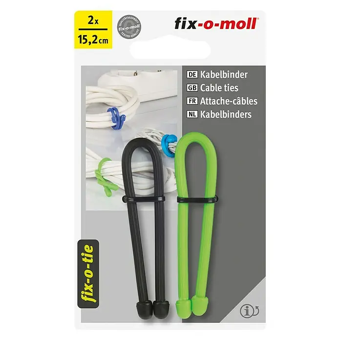 Fix-o-moll Kabelbinder fix-o-tie - Schwarz, Grün, Ø x L: 4 x 152 mm, 2 Stk. - Produktbild der Fix-o-moll Kabelbinder im Doppelpack mit je 15,2 cm Länge in Schwarz und Grün zur Kabelorganisation.
