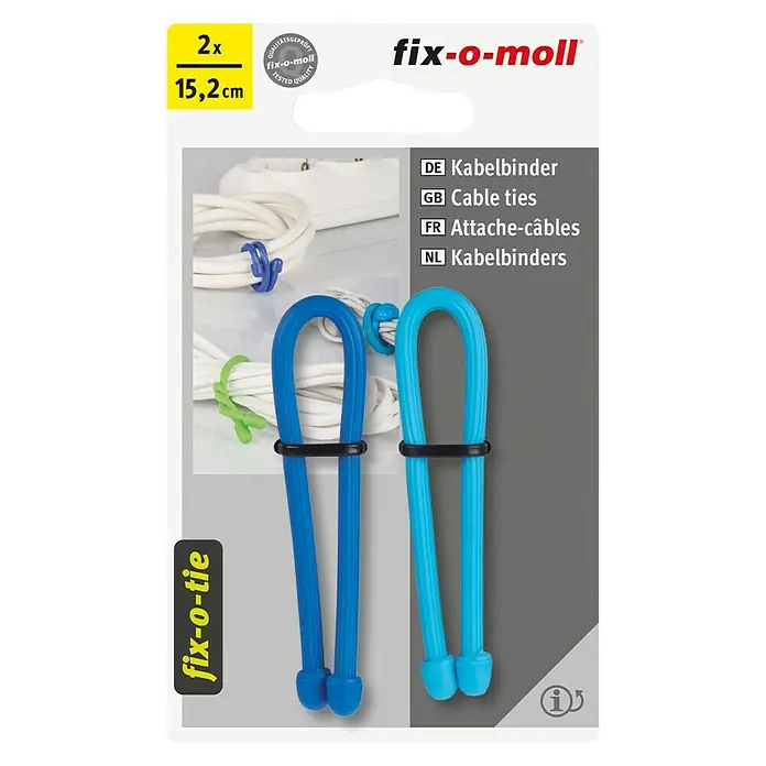 Fix-o-moll Kabelbinder fix-o-tie - Blau, Hellblau, Ø x L: 4 x 152 mm, 2 Stk. - Produktbild von fix-o-moll Kabelbinder, 2 Stück in den Längen 15,2cm. Ideal für das Kabelmanagement im Haus oder Büro.