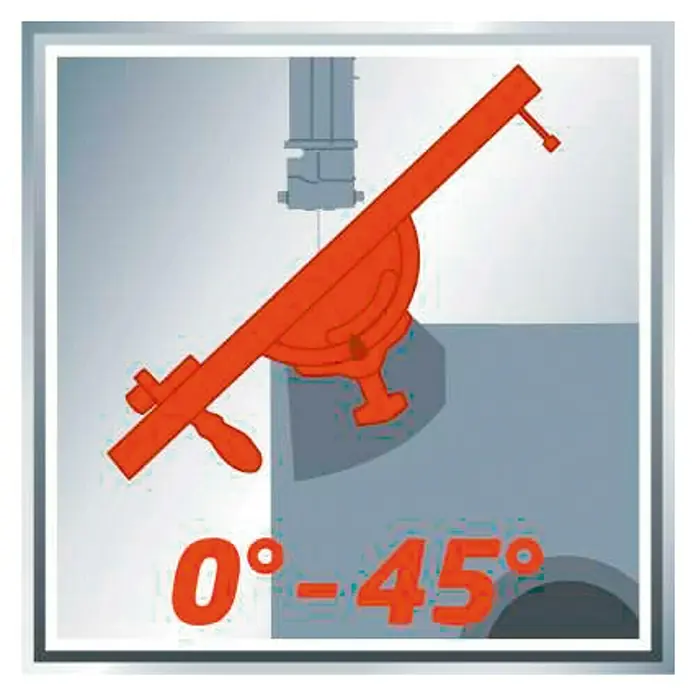 Einhell Sierra de cinta TC-SB 305 U - 750 W, Número de revoluciones de marcha en vacío: 1.400 r.p.m., Longitud de cinta de sierra: 2.320 mm - Ilustración de una sierra con un rango de pivote de 0°-45°, ideal para cortar piezas de trabajo en varios ángulos.