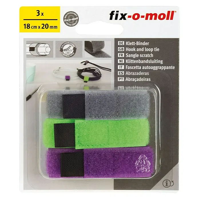 Fix-o-moll Klettbinder - L x B: 18 cm x 20 mm, Grau,Grün,Lila, 3 Stk. - Das Bild zeigt eine Packung mit drei Fix-o-moll Klett-Bindern in Grau, Grün und Lila, ideal zum Ordnen von Kabeln.
