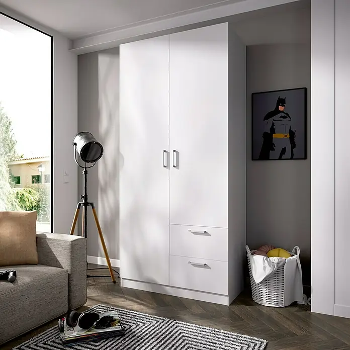 Dekit Armario para ropa Maxi - L x An x Al: 52 x 100 x 215 cm, Blanco, Número de puertas: 2 ud. - Un amplio armario blanco con dos puertas y dos cajones, ideal para guardar ropa y accesorios con estilo en tu habitación.