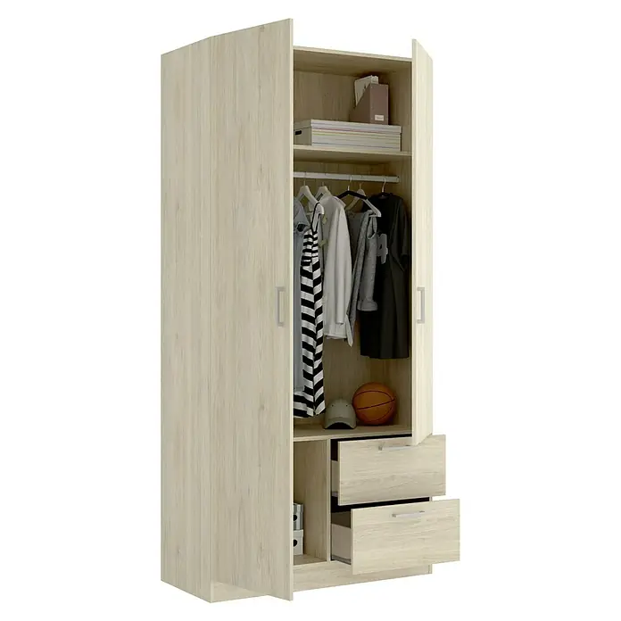 Dekit Armario para ropa Maxi - L x An x Al: 52 x 100 x 215 cm, Roble, Número de puertas: 2 ud. - Imagen de un armario de madera abierto con ropa, cajas, una pelota y dos cajones con tiradores plateados.