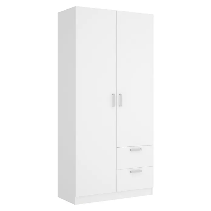 Dekit Armario para ropa Maxi - L x An x Al: 52 x 100 x 215 cm, Blanco, Número de puertas: 2 ud. - Un armario blanco grande con dos puertas y dos cajones, que ofrece un amplio espacio de almacenamiento para el dormitorio.