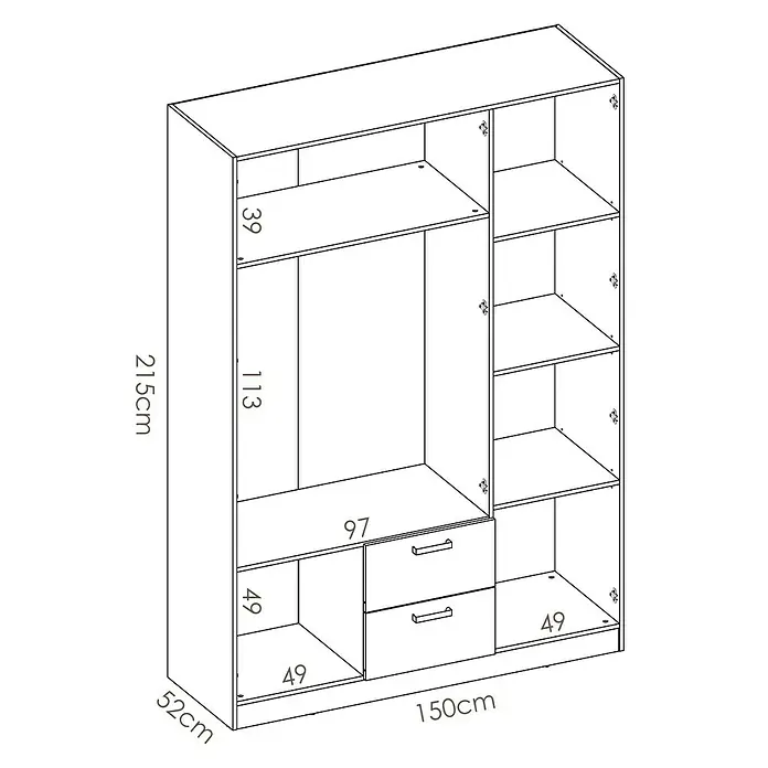 Dekit Armario para ropa Maxi - L x An x Al: 52 x 150 x 215 cm, Blanco, Número de puertas: 3 ud. - Ilustración de un armario con estantes y cajones con dimensiones. El armario ofrece amplio espacio de almacenamiento.