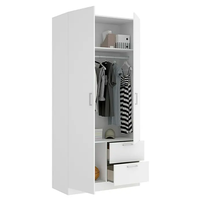 Dekit Armario para ropa Maxi - L x An x Al: 52 x 100 x 215 cm, Blanco, Número de puertas: 2 ud. - Imagen de un armario blanco con dos cajones, un compartimento de estante y una barra de ropa, representado medio abierto.
