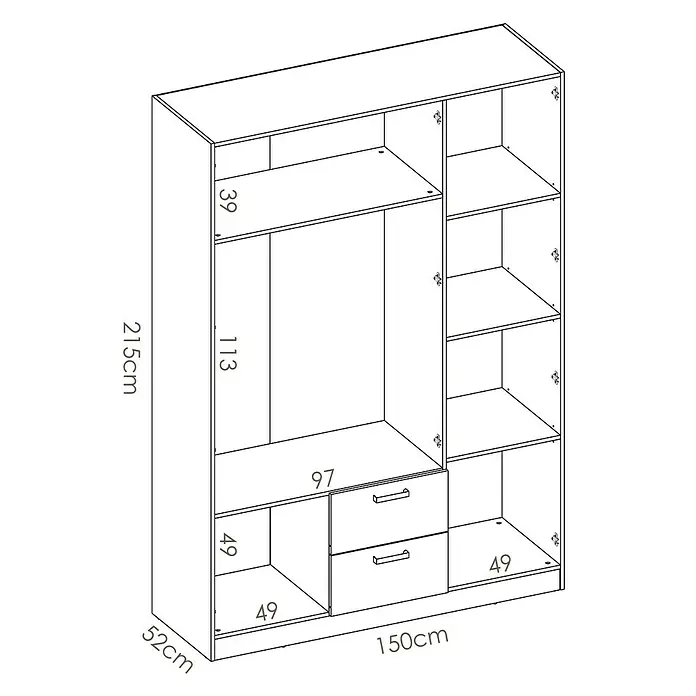 Dekit Armario para ropa Maxi - L x An x Al: 52 x 150 x 215 cm, Roble, Número de puertas: 3 ud. - Ilustración de un armario con dimensiones de 215 cm de alto, 150 cm de ancho y 52 cm de profundidad, con estantes, cajones y barra para colgar ropa.