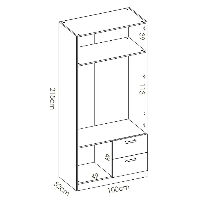 Dekit Armario para ropa Maxi - L x An x Al: 52 x 100 x 215 cm, Blanco, Número de puertas: 2 ud. - Ilustración de un armario con compartimentos, cajones y dimensiones de 215cm de altura, 100cm de ancho y 52cm de profundidad.
