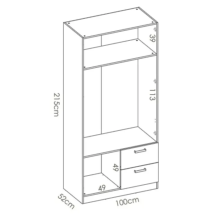 Dekit Armario para ropa Maxi - L x An x Al: 52 x 100 x 215 cm, Roble, Número de puertas: 2 ud. - Ilustración de un armario con cajones y compartimentos, con etiquetas de dimensiones para información detallada del producto.