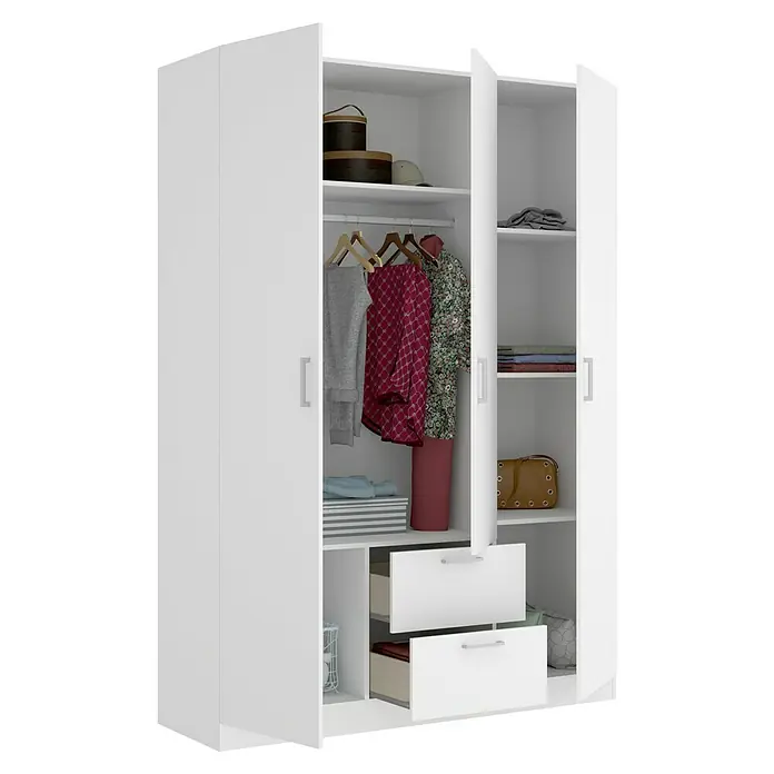Dekit Armario para ropa Maxi - L x An x Al: 52 x 150 x 215 cm, Blanco, Número de puertas: 3 ud. - Amplio armario blanco con puertas abiertas, mostrando ordenadamente ropa y accesorios en su interior.