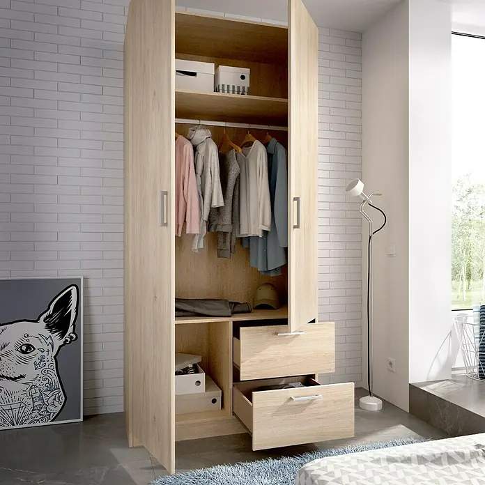 Dekit Armario para ropa Maxi - L x An x Al: 52 x 100 x 215 cm, Roble, Número de puertas: 2 ud. - Un armario abierto de madera clara con ropa y cajones ofrece almacenamiento. Perfecto para un dormitorio ordenado.