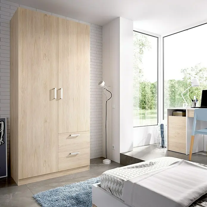 Dekit Armario para ropa Maxi - L x An x Al: 52 x 100 x 215 cm, Roble, Número de puertas: 2 ud. - Un armario espacioso con diseño de madera clara, con dos puertas y cajones, ideal para el almacenamiento elegante de ropa.