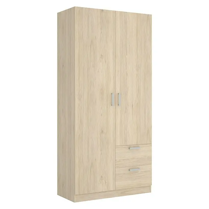 Dekit Armario para ropa Maxi - L x An x Al: 52 x 100 x 215 cm, Roble, Número de puertas: 2 ud. - Imagen de un armario de madera clara con dos puertas y dos cajones.